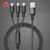Ponto nylon trançado um puxa três linha de dados atacado carga rápida 3A três em um linha de carregamento de celular carga flash linha de presente
