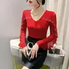 Nova Moda de Outono Malha Gola Redonda Vazado Ruffle Pesado Strass Versátil Manga Longa Blusa Feminina