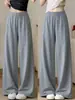 Pantalones casuales grises de pierna ancha con textura de aire para mujer, de cintura alta para otoño, corte holgado, adelgazantes, pantalones deportivos frescos de seda de hielo