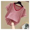 Camiseta de punto a rayas para mujer, de manga corta, estilo coreano 2023, holgada, combinable, con cuello en V, adelgazante, de media manga, para verano