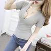 Camiseta de Manga Corta Ajustada de Punto Cruzado con Cuello Redondo Sexy Estilo Coreano para Mujer, Talla Única, Versátil, Escote en V