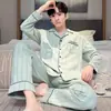 Pijama Masculino 100% Algodão Primavera e Outono Novo Estilo Manga Longa Calça Longa Cardigã Gola Lapela Moda Estilo Coreano Roupa de Casa Roupa de Fora