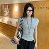 Top corto versátil de manga corta con cuello redondo, ajustado, bordado con lentejuelas, estilo americano, sexy, entallador a la cintura 25054-56