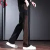 Calça Jeans Reta Patchwork Estilo Americano Lobo do Norte para Homens, Calça Longa Solta de Perna Larga Outono e Inverno, Moda High Street, Color-Blocking, Estilosa e Esportiva