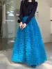 Nueva Falda Floral Elegante Estilo Coreano Azul Pavo Real de Primavera, Falda Larga de Malla con Varios Niveles y Corte en A, que Cubre las Caderas con Forma de Pera para Mujer