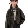 Chaqueta de cuero para niña, de manga larga, estilo Maillard moderno y elegante primavera/otoño 2026, abrigo de cuero tipo biker para niña pequeña
