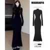 Vestido preto estilo sereia, vestido de tricô feminino outono/inverno, casaco longo, camada interna de manga longa, gola semi-alta, vestido longo