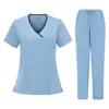 Camiseta Manga Curta Gola V Plus Size Transfronteiriça Lavável Confortável Casual Antiestática Anti-Aderência de Pelos Conjunto de Uniforme de Trabalho para Salão de Beleza