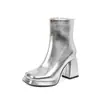 Botas versátiles de corte bajo para otoño e invierno con punta cuadrada, plataforma impermeable, cremallera lateral ligera, tacón cuadrado, botas de moda transfronterizas para mujer, botas de tacón alto de talla grande