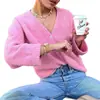 Cárdigan de Punto Color Sólido para Otoño e Invierno, Cuello en V, Mangas Anchas, Puños de Canalé, Suéter Corto Casual Versátil de Corte Ajustado, Transfronterizo
