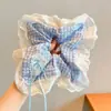 Popular Elástico de Cabelo Salsicha com Molho de Cereja para Mulheres, Corda de Cabelo com Laço Doce e Fresca, Tiara Xadrez, Acessório de Cabelo Bola para Rabo de Cavalo