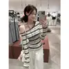 MROriginal Color Rayas Tejidas Estilo Coreano Perezoso de un Hombro Raya Base Delgado Hombro Descubierto Manga Larga Base Corta