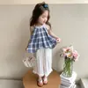 Conjunto Xadrez com Gola Halter para Meninas Roupa de Verão 2026 Novo Estilo Moda Coreana Conjunto de Duas Peças para Crianças Pequenas