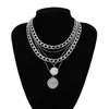 Collar de metal con colgante de moneda multicapa para mujer, cadena para la clavícula con retrato de reina de alto sentido, joyería transfronteriza europea y americana, venta al por mayor