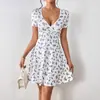Vestido Feminino Elegante Branco com Bolinhas, Gola V Francesa, Cintura Marcada, Popular na Amazon Temu, Transfronteiriço