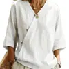 2026 Europeo y Americano transfronterizo Amazon TikTok verano nuevo algodón lino vintage botón diagonal manga tres cuartos camisa de mujer