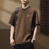 Camiseta Bordada de Manga Curta de Alta Qualidade, Tecido Pesado de 300g, Alta Densidade, para Homens, Marca Retrô Tendência, Manga Meia-Manga, Caimento Solto, Casual de Outono, Gola Redonda