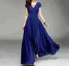 Aliexpress Amazon Europeu e Americano Decote V Manga Curta Boêmio Chiffon Cintura Marcada Emagrecedor Cobertura da Barriga Vestido Longo