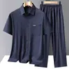 Conjunto de Camisa de Cetim com Tecido Rachado de Manga Curta para Homens de Meia-Idade e Idosos, Roupa de Verão para o Pai, Camisa Casual Fina de Seda Gelada