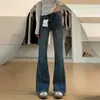 Jeans de pierna microacampanada azul elástico con forma de pera para mujer, estilo nuevo, talla grande, mm, cintura alta, ajuste ceñido, que cubren la cadera, pantalones acampanados