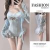 Traje de baño para mujer 2025 Nuevo estilo para niñas Conservador que cubre el abdomen Manga larga Protección solar Blusa Hada Una pieza Traje de baño para playa y aguas termales