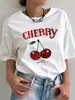 Verão Mulheres Estampa de Cereja Casual Moda Branco Solto Gola Redonda Camiseta