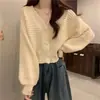 Cardigã de tricô com decote em V para mulheres, novo estilo outono e inverno, casaco suéter solto e casual, blusa única para mulheres baixinhas, moda feminina tendência