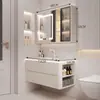 Lavatório minimalista estilo cinza-creme com cuba integrada de cerâmica, combinação de gabinete de banheiro inteligente de madeira maciça para banheiro moderno
