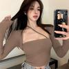 Camiseta de Manga Larga de Alta Elasticidad Moda para Mujer Estilo Puro Lustre Europeo y Americano Transfronterizo Top Corto Ajustado Sexy Sexy Camiseta