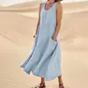Estación Independiente de Amazon Verano Europeo y Americano Comercio Exterior 19 Colores Bolsillo Sin Mangas Cuello Redondo Vestido de Algodón y Lino para Mujer en stock