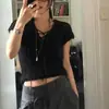 Top de Punto Coreano INS con Temperamento Estilo Perezoso de Cuello V Hueco de Manga Corta