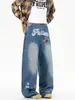 Calça Jeans Estampada Estilo Americano Acu para Homens, Primavera e Outono, Calça Larga Loose Lavada com Estampa Retro Americana