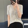 Viva a Primavera e o Verão Desgaste Estrela Fivela Lã Penteada Camisola de Manga Curta Decote em V Elegante Slim Pequeno Cardigan Top