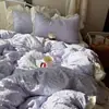 Primavera y Verano Clase A Suave y Amigable con la Piel Fresco Color Sólido Encaje Estilo Coreano Algodón Lavado Juego de Ropa de Cama de Cuatro Piezas para Dormitorio Juego de Tres Piezas
