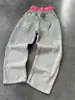 Calça de moletom casual de rua hip-hop retrô americana, solta, bordada, perna larga, falsa de duas peças, unissex, atacado