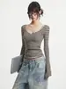 Diseño a rayas estilo americano, camisa de manga larga ajustada para mujer, perfecta para otoño e invierno, top versátil como capa base