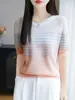 Top de Verano Delgado para Mujer de Manga Corta con Color Degradado de Seda de Hielo, Textura Degradada, Cuello Redondo, Estilo Suave de Nicho, Versátil