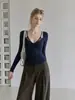 Elegante e sedutor top de manga comprida com design de duas peças falsas, um novo estilo de outono para mulheres, perfeito como camada interna ou camiseta básica, apresentando um design de camiseta retrô e slim-fit, 14436