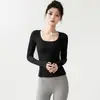 Cuello grande en U que revela la clavícula, top deportivo de manga larga para mujer con agujeros para los pulgares, ajuste ceñido, alta elasticidad, camiseta base de yoga con sensación de segunda piel