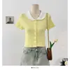Cardigan Tricotado de Manga Curta com Gola Peter Pan e Costura Colorida em Contraste, Atmosfera Doce, para Mulheres, Top Curto Slimming de Verão para Mulheres