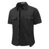 Camisa Masculina de Verão Cor Sólida Solta com Múltiplos Bolsos de Manga Curta