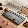 Bandeja de té de piedra negra y dorada, bandeja de té para oficina, mesa de té con juego de té incorporado, juego de té Kung Fu, bandeja de té con sistema de drenaje, juego de té completo