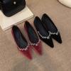 Sapatilhas de Veludo com Strass Estilo Coreano para Mulheres com Saias Externas 2025 Primavera e Verão Novas Sola Macia Salto Baixo Bico Fino Sapatos Mary Jane Vermelhos