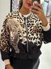 Jaqueta de Outono Europeia e Americana da Moda Transfronteiriça 2025 para Mulheres com Estampa Animal Leopardo Combinada Zíper Piloto para Mulheres