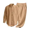 TK Europeu Amazon Masculino Novo Linho Cor Sólida Gola Lapela Cardigã Botão Manga Longa Calça Longa Conjunto Masculino