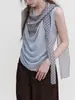 Cuadros retro con cinta, diseño de dos piezas simulado, lino-liocel, chaleco casual de cuello caído para mujer