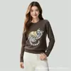 Camiseta base de mistura de caxemira para outono e inverno, moletom pesado de gola redonda e manga longa com jacquard de gatinhos, modelagem que afina a silhueta, ombros normais, blusa de caimento solto
