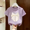 Camiseta de algodão puro de manga curta para meninas, nova estampa de desenho animado do verão de 2026, blusa soltinha e doce para meninas pequenas e crianças mais velhas