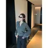 Suéter de Tricô Cinza com Gola Polo Estilo Old Money para Mulheres, Camada Base V-Neck para Primavera e Outono, Top Soltinho de Manga Longa