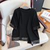 Camiseta de Algodón Puro de Manga Corta con Empalme de Gasa de Diseño Nicho para Mujer Verano 2025 Holgada para Ocultar la Grasa mm Aspecto Adelgazante Top Cubre-Imperfecciones